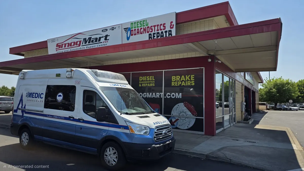 Commercial van parked at Smog Mart for fleet service