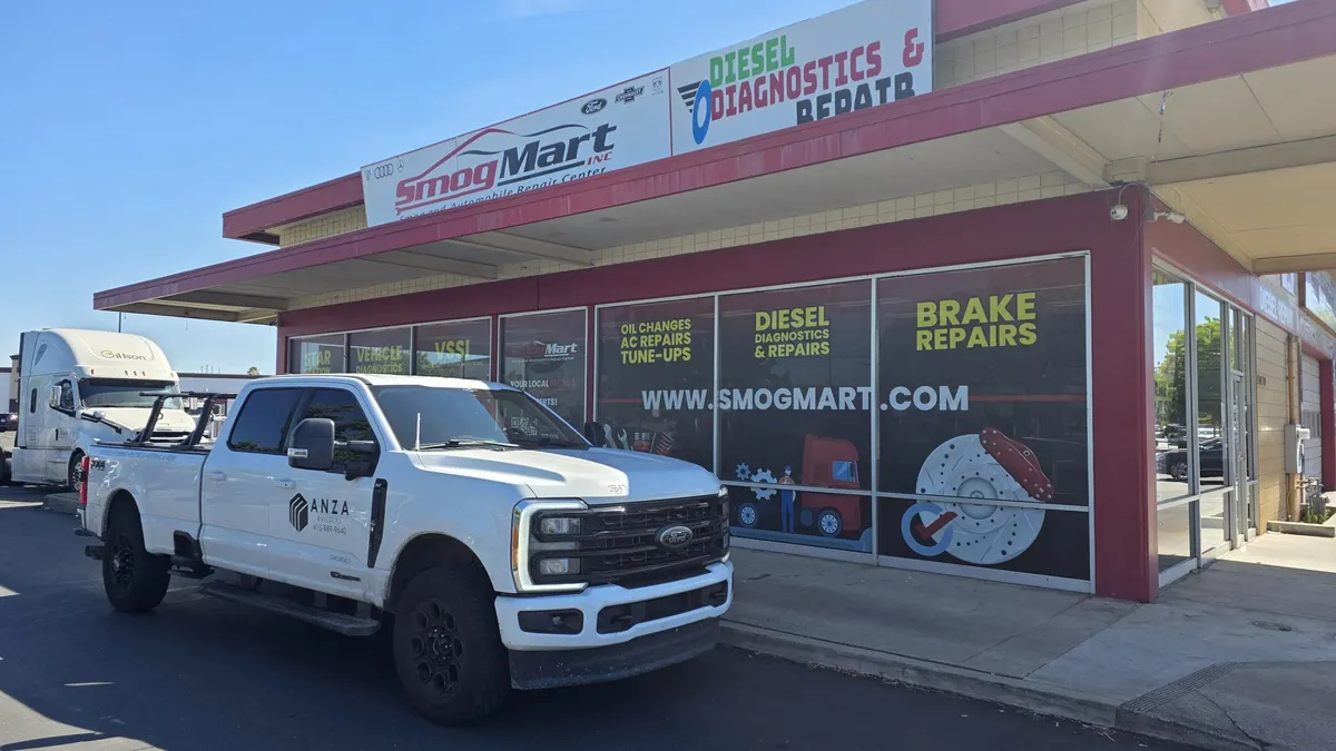 Pickup truck parked outside Smog Mart in Sacramento