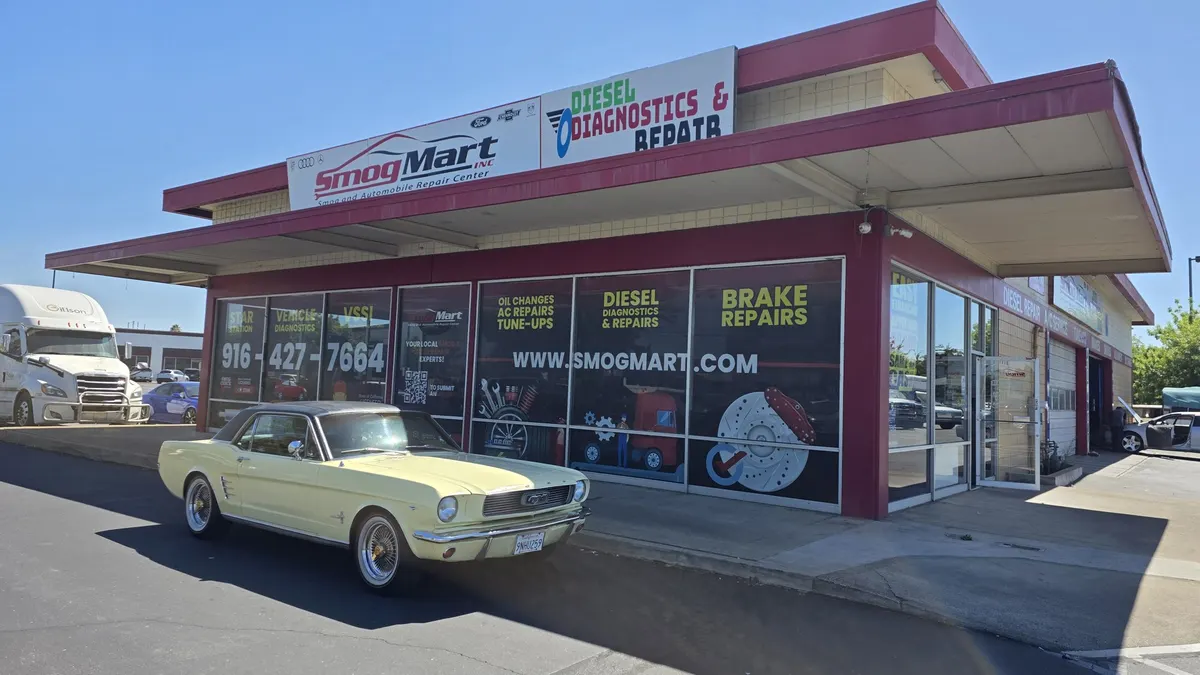 Classic Mustang at Smog Mart for a VSSI safety inspection