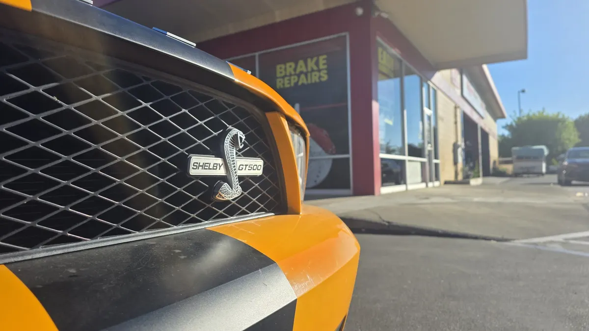 Wheel and brake assembly on a Shelby GT500 at Smog Mart